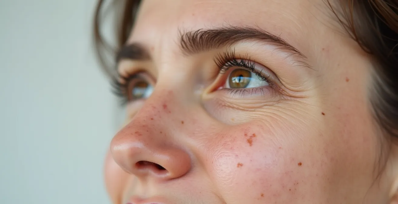 Portrait rapproché montrant une peau avec zones de sécheresse et irritation autour du nez