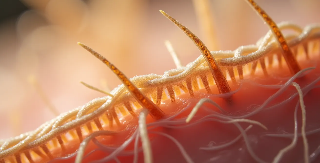 Vue macro d'un follicule pileux avec détails de la structure de kératine