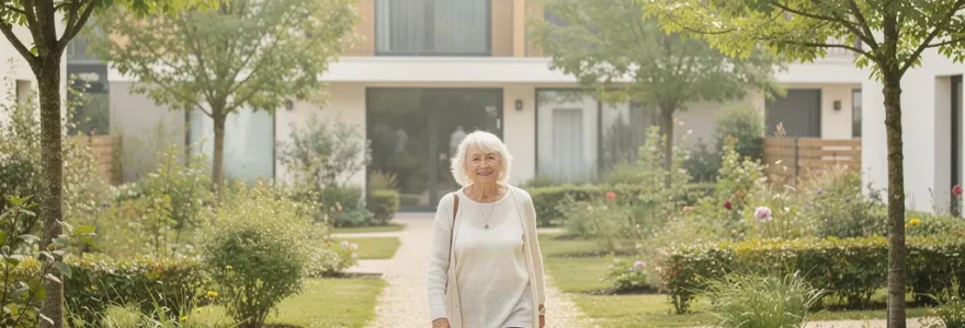 Femme senior marchant paisiblement dans un jardin arboré de résidence en Loir-et-Cher