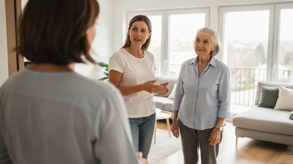 Famille visitant un appartement de résidence senior avec une conseillère