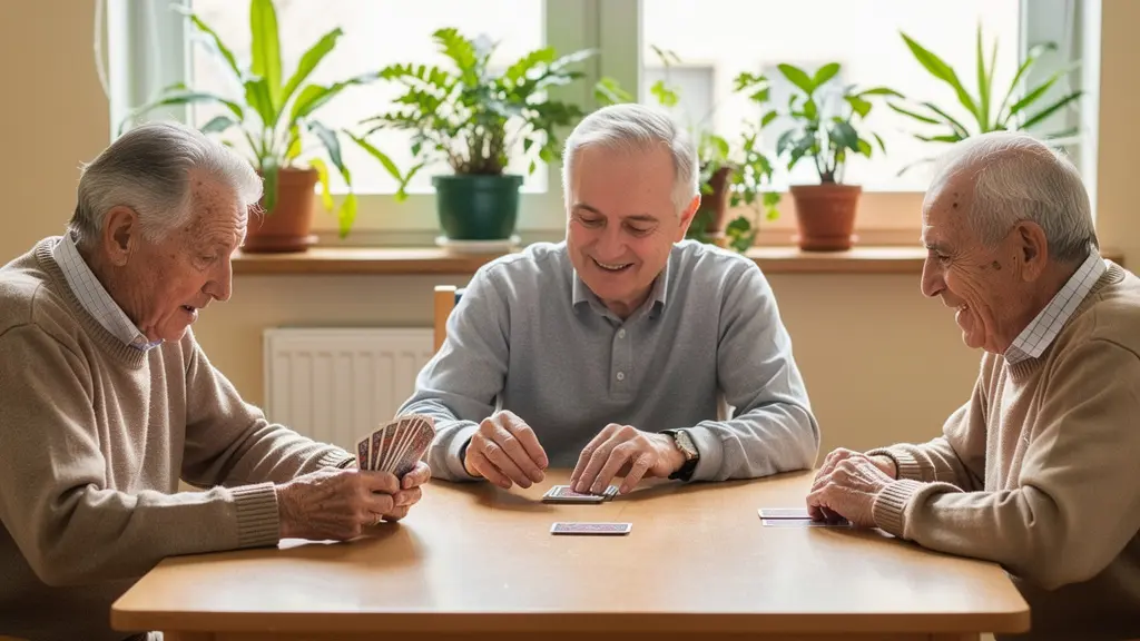 Trois seniors jouant aux cartes dans une salle commune lumineuse
