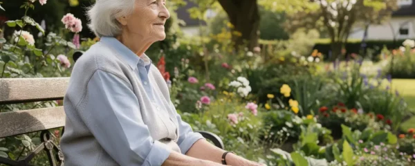 Femme âgée sereine dans un jardin fleuri de résidence senior en Sologne