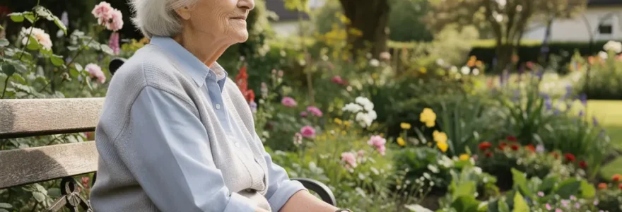 Femme âgée sereine dans un jardin fleuri de résidence senior en Sologne