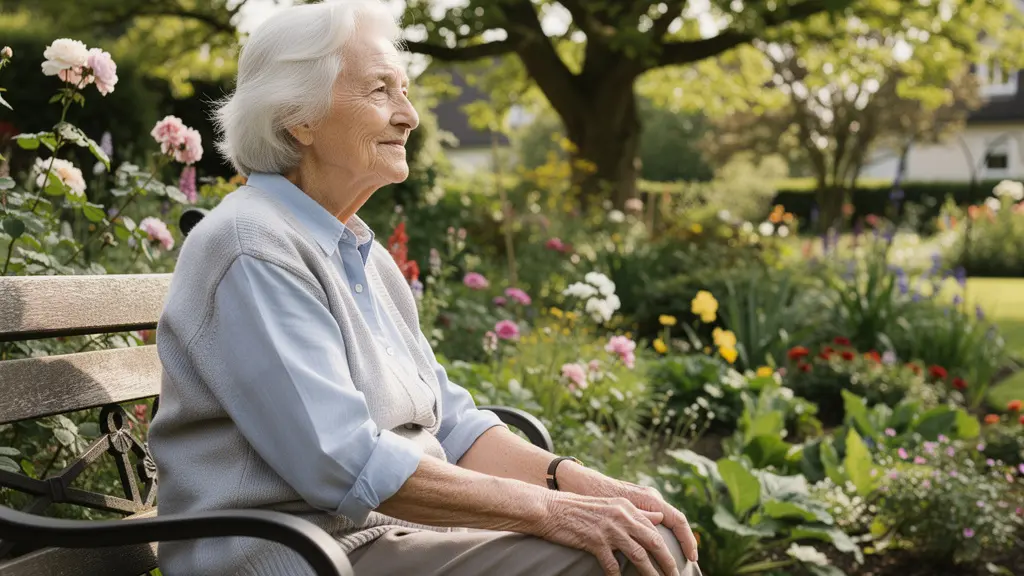 Femme âgée sereine dans un jardin fleuri de résidence senior en Sologne