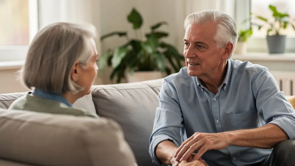 Senior discutant avec un proche lors d'une visite en résidence
