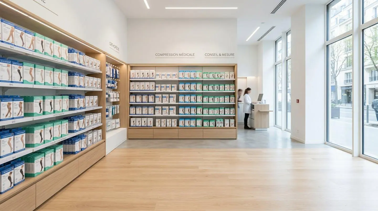 Intérieur d'une boutique médicale spécialisée avec des étagères affichant des boîtes de produits de compression soigneusement rangées, espace vide au premier plan, lumière naturelle abondante