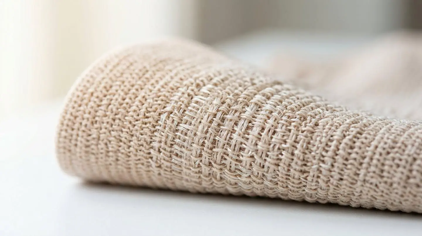 Gros plan extrême sur la texture tricotée d'un vêtement de compression médicale, montrant les mailles serrées et les fibres élastomères entrelacées