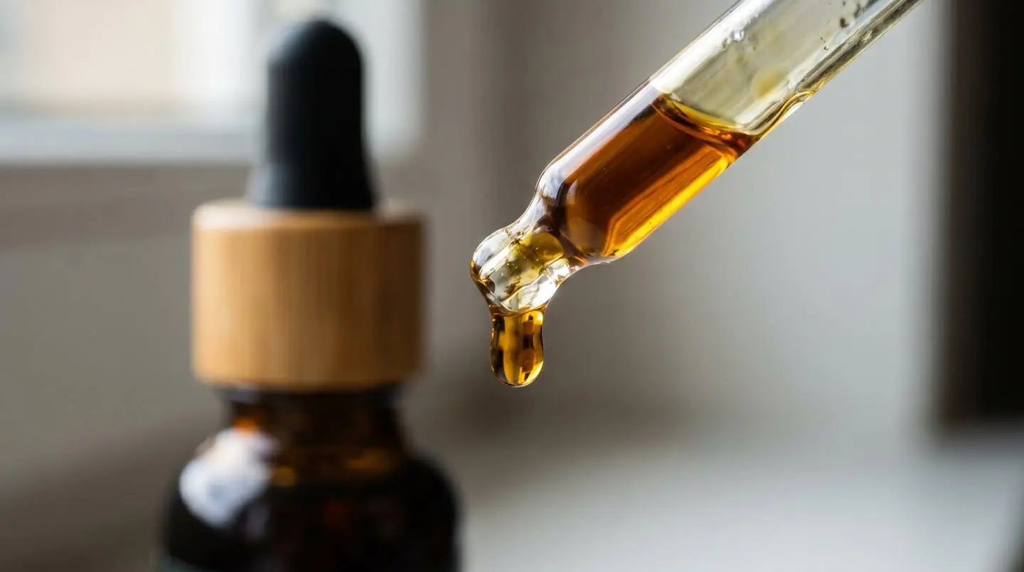 Gros plan macro d'une goutte d'huile de CBD couleur ambrée se formant à l'extrémité d'un compte-gouttes