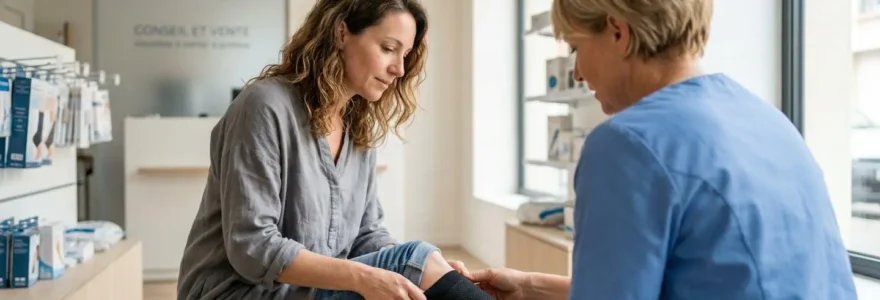 Une conseillère en dispositifs médicaux et une patiente consultent ensemble un vêtement de compression dans une boutique spécialisée, vues de profil dans une lumière naturelle