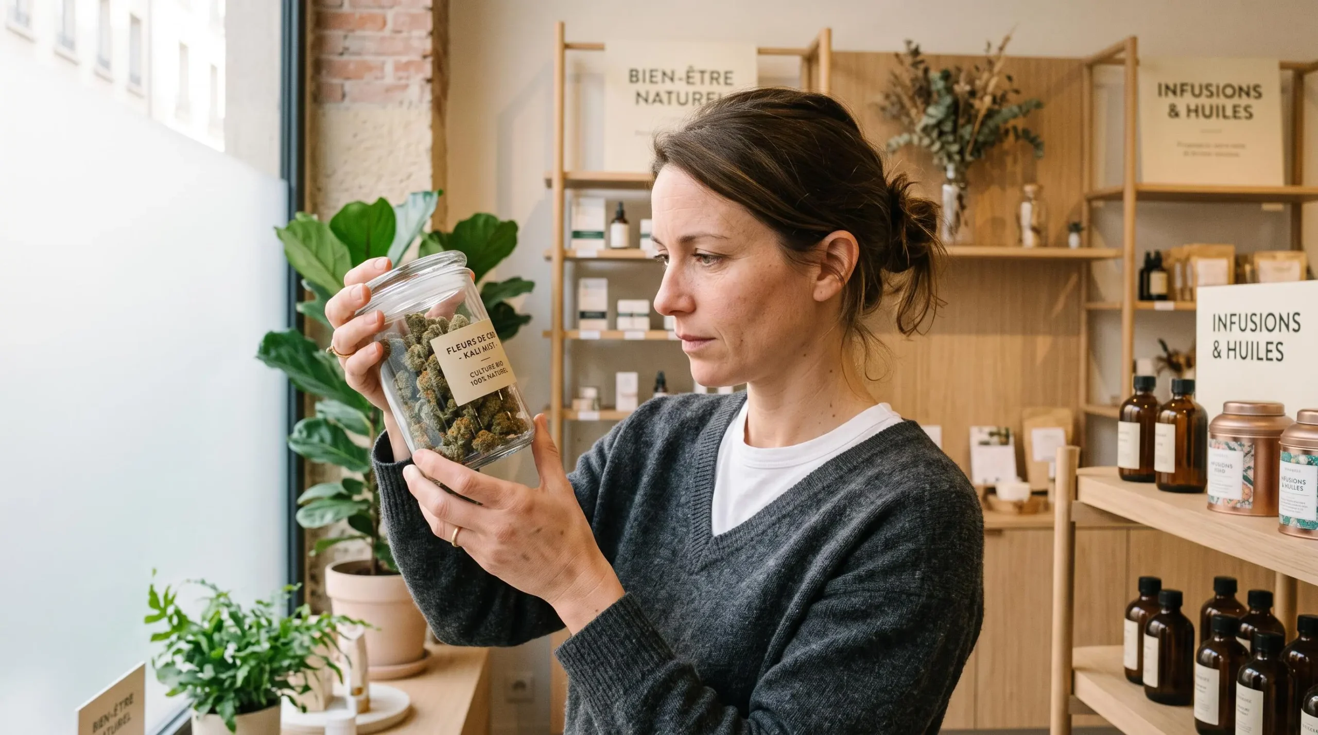 Consommateur français examinant attentivement un pot de fleurs CBD dans une boutique de bien-être spécialisée