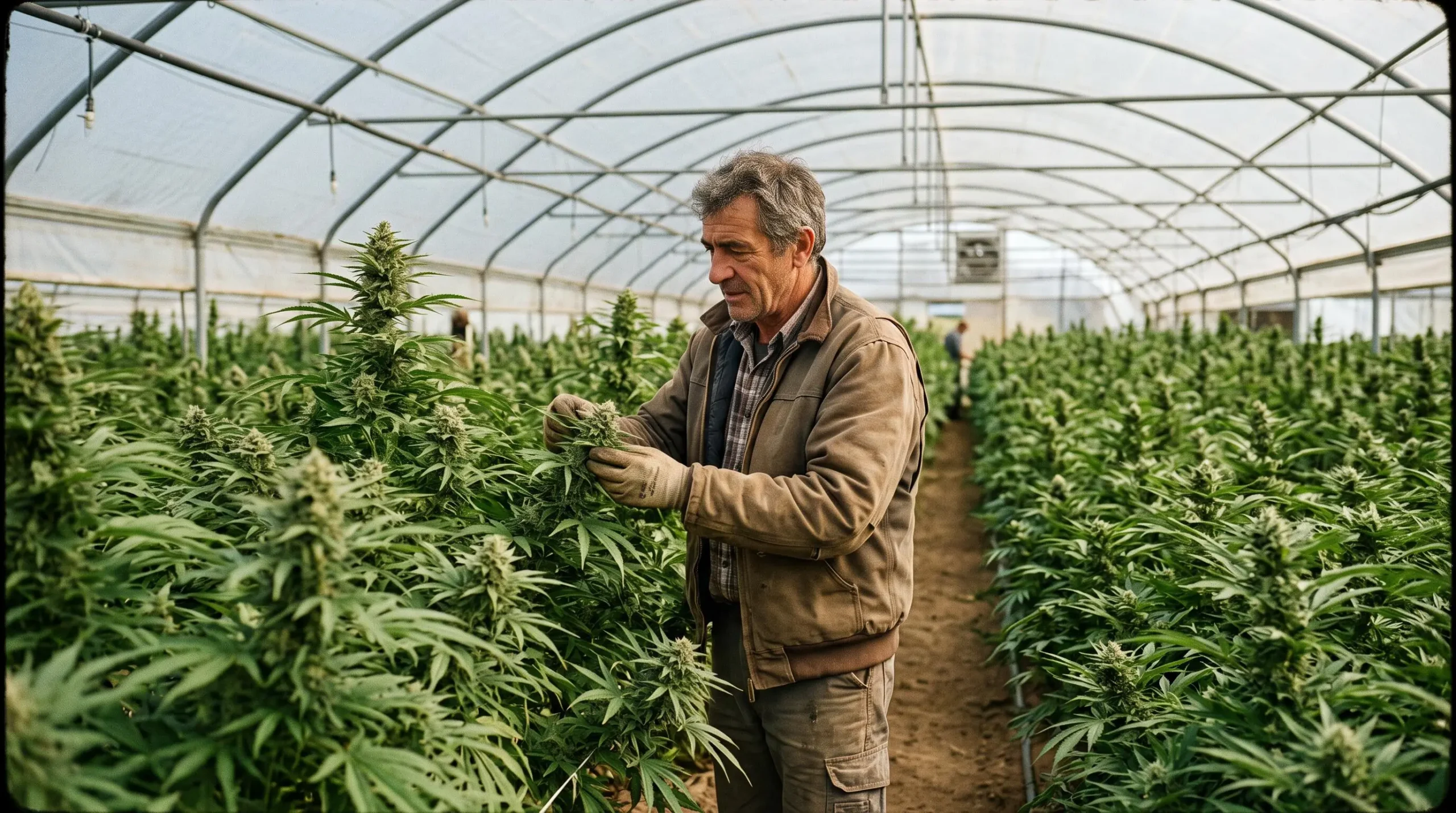 Producteur de chanvre CBD inspectant des plants en floraison dans une serre de culture professionnelle en France