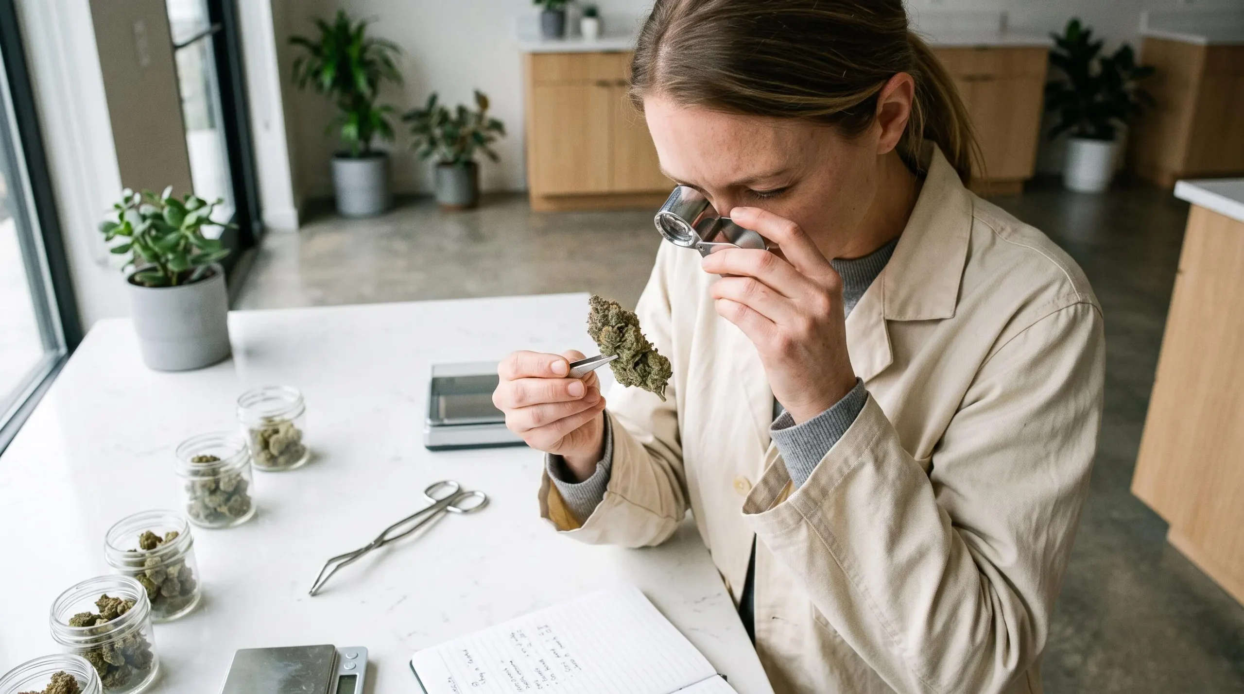 Professionnel du contrôle qualité examinant des fleurs de CBD séchées à la loupe sur une table d'inspection