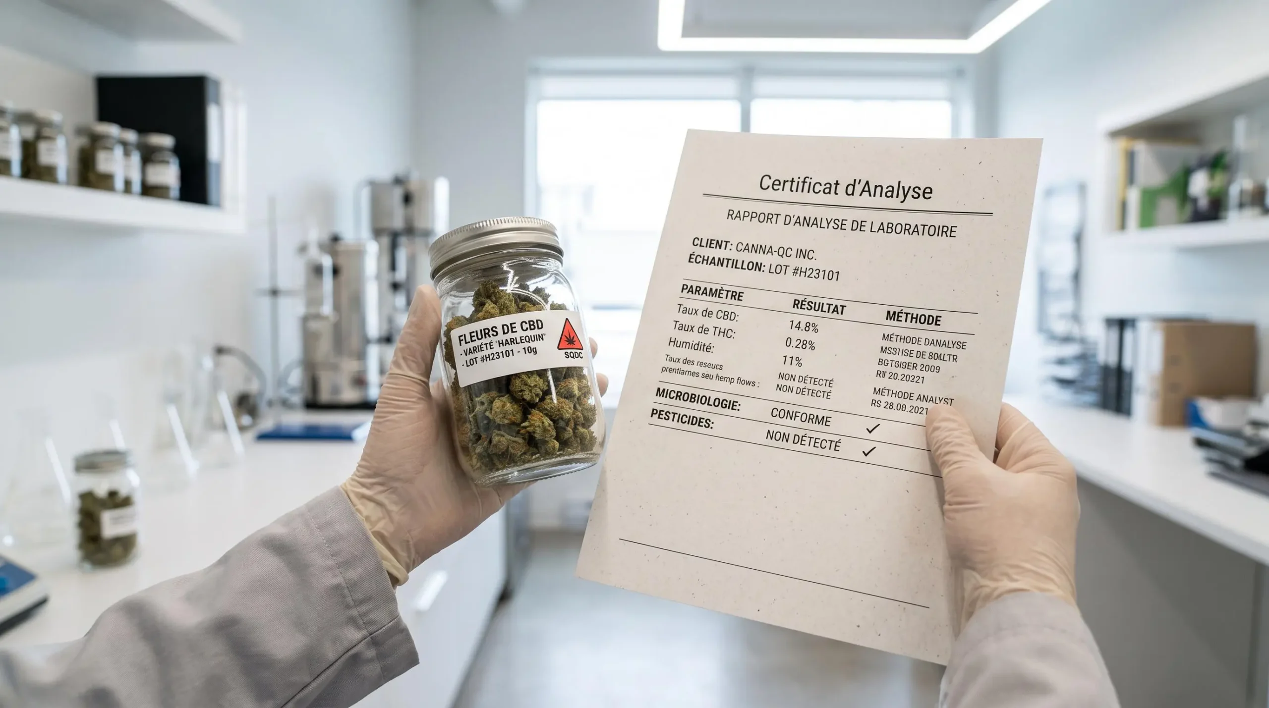Technicien qualité tenant un pot de fleurs CBD et un certificat d'analyse de laboratoire pour vérification de la traçabilité